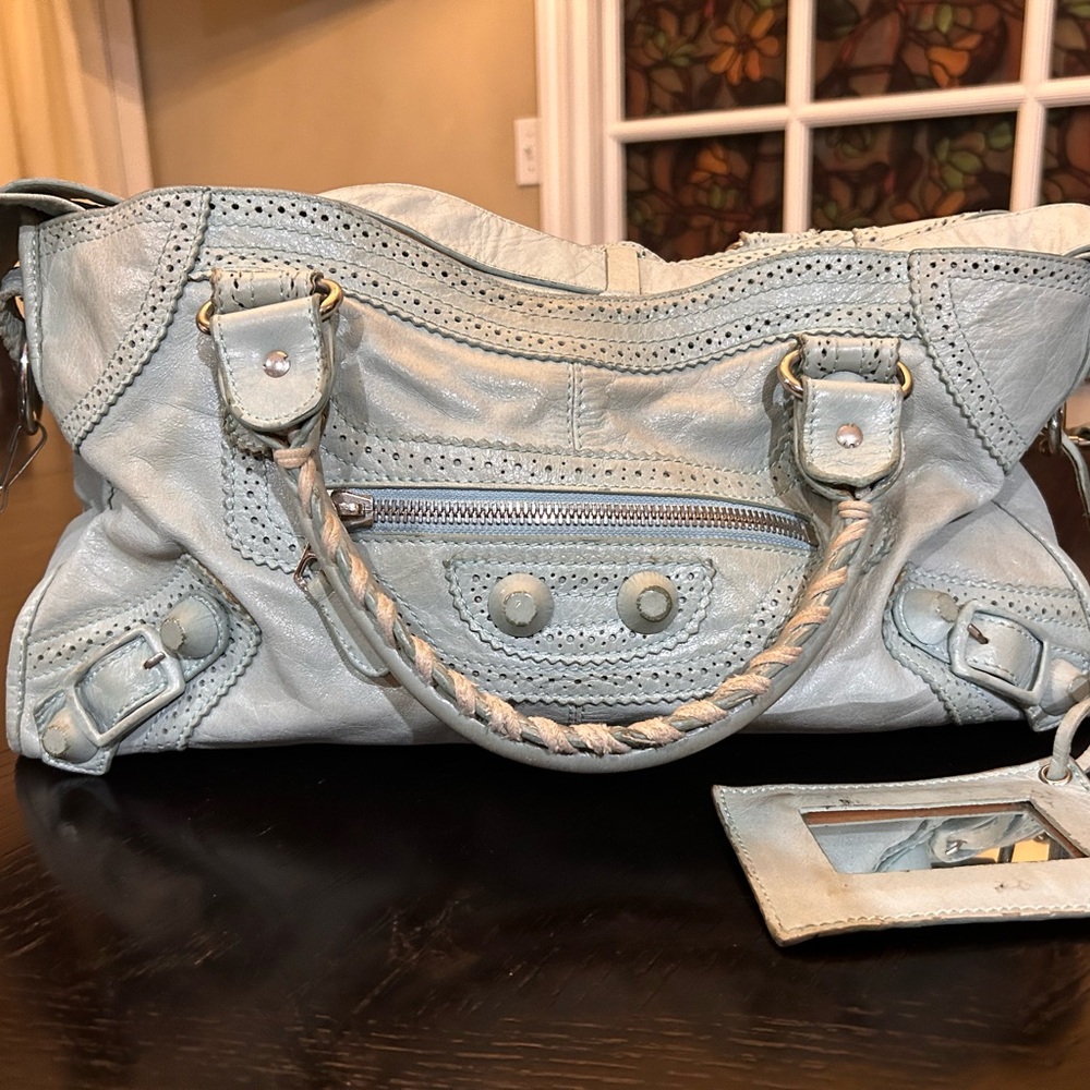 Balenciaga Blue Satchel with Motorcycle-Inspired Design